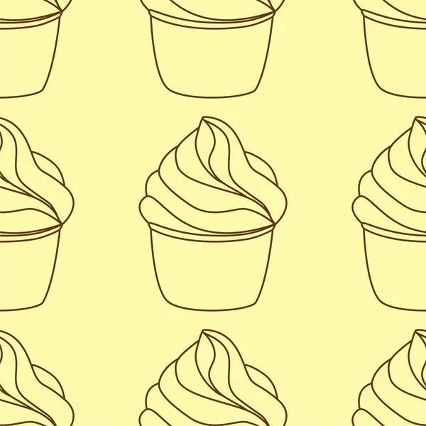 Naadloos patroon met cupcakes. Vector hand getekend Illustratie. Line art stijl dessert geïsoleerd op lichtgele achtergrond. Kan gebruikt worden als verpakking, inpakpapier, behang. — Stockvector