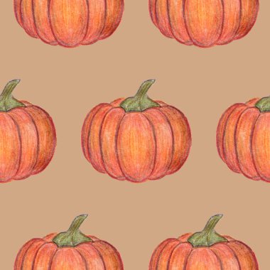 Turuncu balkabakları bej arka planda izole edilmiş. Kusursuz desen. Cadılar Bayramı ya da Şükran Günü dekorasyonu. El çizimi çizimi. Hasat mevsimi. Tekstil, paket ve baskı için. Taze sonbahar sebzeleri.
