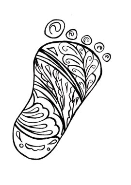 İnsan ayak izi. Doodle ve zentangle stili. Beyaz arka planda izole edilmiş bebek ayağı. Boyama kitabı sayfası için resim çizimi. El çizimi taslak simgesi.