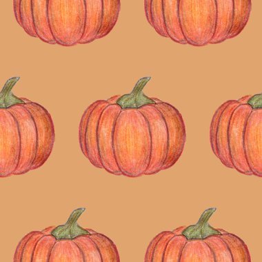 Turuncu balkabakları kusursuz desen. Cadılar Bayramı ya da Şükran Günü dekorasyonu. El çizimi çizimi. Hasat mevsimi. Tekstil, paket ve baskı için. Taze sonbahar sebzeleri.