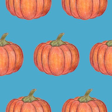 Turuncu balkabakları kusursuz desen. Cadılar Bayramı ya da Şükran Günü dekorasyonu. El çizimi çizimi. Hasat mevsimi. Tekstil, paket ve baskı için. Taze sonbahar sebzeleri.