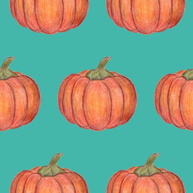 Turuncu balkabakları kusursuz desen. Cadılar Bayramı ya da Şükran Günü dekorasyonu. El çizimi çizimi. Hasat mevsimi. Tekstil, paket ve baskı için. Taze sonbahar sebzeleri.