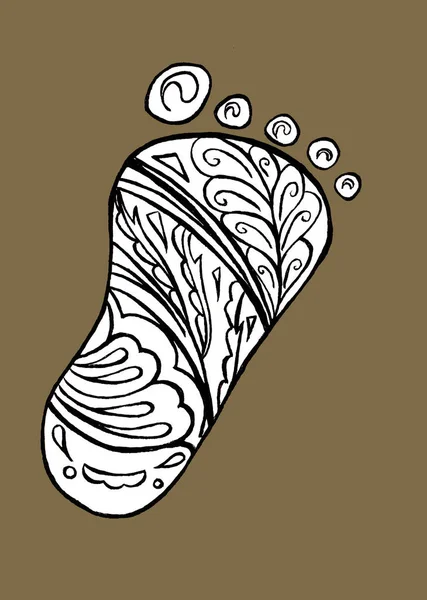 人間の足のプリントドードルとゼンタングルスタイル 赤ちゃんの足茶色の背景に隔離されています 本のページを着色するためのラインアートイラスト 手描きアウトラインアイコン — ストック写真