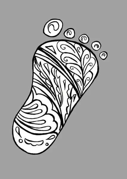 人間の足のプリントドードルとゼンタングルスタイル 赤ちゃんの足灰色の背景に隔離された 本のページを着色するためのラインアートイラスト 手描きアウトラインアイコン — ストック写真