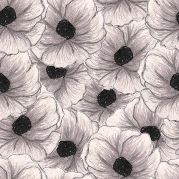 Beautiful poppies. Floral seamless Pattern. Summer backdrop. Can be used for textile, wallpaper, print, web design, fabric, wrapping paper. Hand drawn illustration. Monochrome gray colors. — Stock Photo, Image