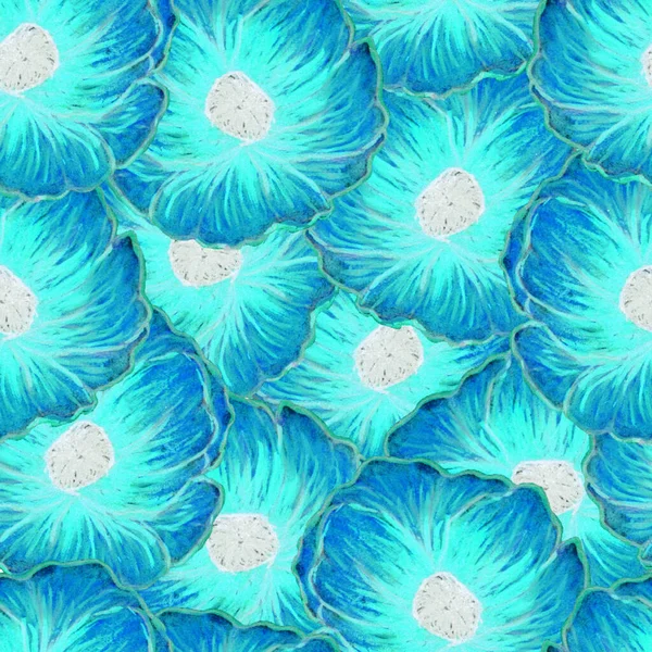 Beautiful poppies. Bright Floral seamless Pattern. Summer backdrop. Can be used for textile, wallpaper, print, web design, fabric, wrapping paper. Hand drawn illustration. Neon blue colors. — Stock Photo, Image