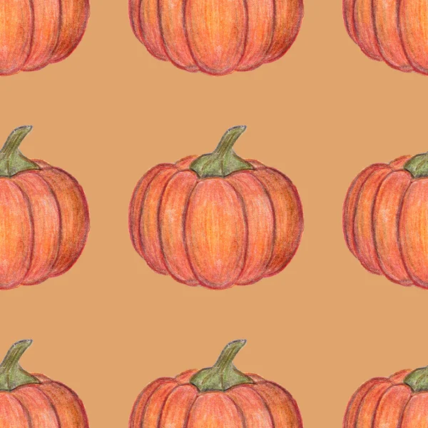 Zucche arancioni Modello senza cuciture. Decorazione di Halloween o del Giorno del Ringraziamento. Illustrazione disegnata a mano. Stagione del raccolto. Per tessile, confezione, stampa. Verdure autunnali fresche . — Foto Stock