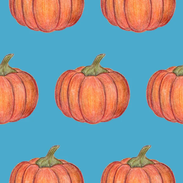 Zucche arancioni Modello senza cuciture. Decorazione di Halloween o del Giorno del Ringraziamento. Illustrazione disegnata a mano. Stagione del raccolto. Per tessile, confezione, stampa. Verdure autunnali fresche . — Foto Stock