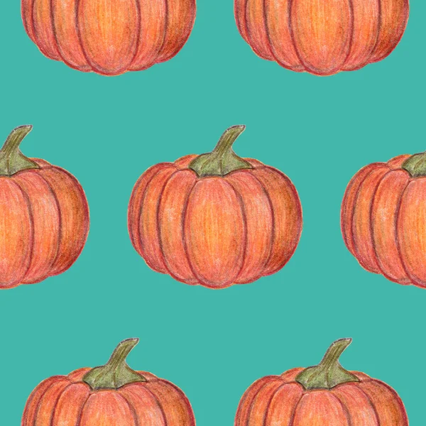 Zucche arancioni Modello senza cuciture. Decorazione di Halloween o del Giorno del Ringraziamento. Illustrazione disegnata a mano. Stagione del raccolto. Per tessile, confezione, stampa. Verdure autunnali fresche . — Foto Stock