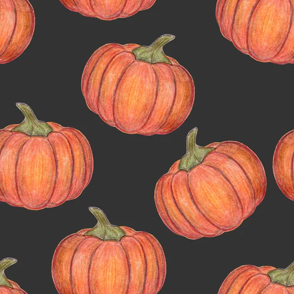 Zucche arancioni Modello senza cuciture. Sfondo scuro. Decorazione di Halloween o del Giorno del Ringraziamento. Illustrazione disegnata a mano. Stagione del raccolto. Per tessile, confezione, stampa. Verdure autunnali fresche . — Foto Stock