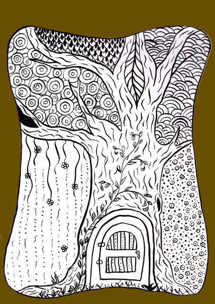 Fairytale fantasy house in tree trunk. Magical hand drawn illustration. Line art for coloring book or card.