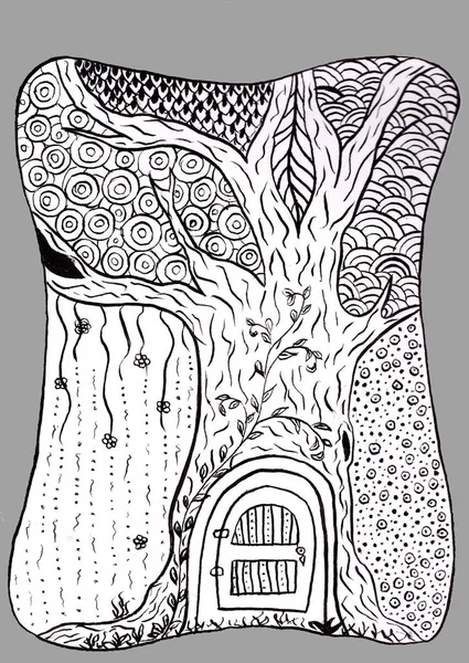 Fairytale fantasy house in tree trunk. Magical hand drawn illustration. Line art for coloring book or card.