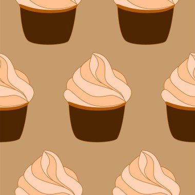 Keklerle kusursuz desen. Vektör el çizimi. Açık bej arkaplanda izole edilmiş tatlı. Paketleme, ambalaj kağıdı, duvar kağıdı olarak kullanılabilir. 