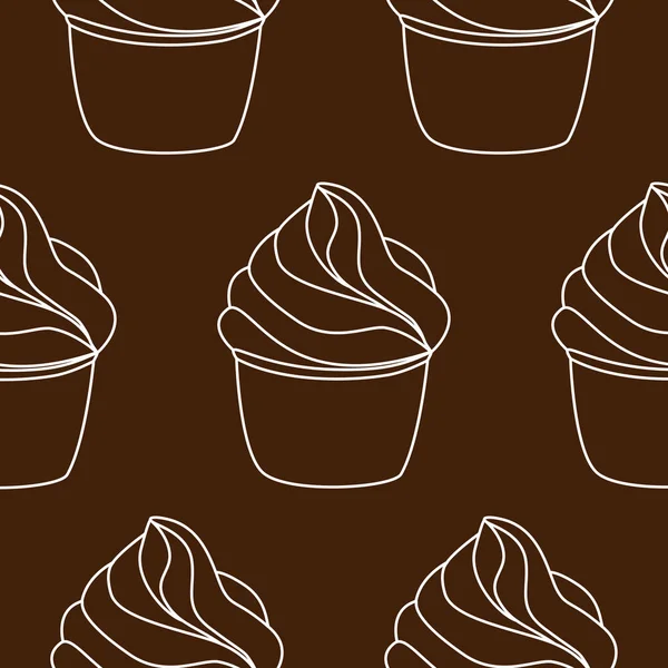 Patrón sin costuras con cupcakes. Ilustración dibujada a mano vectorial. Postre estilo line art aislado sobre fondo marrón oscuro. Se puede utilizar como embalaje, papel de embalaje, papel pintado . — Archivo Imágenes Vectoriales