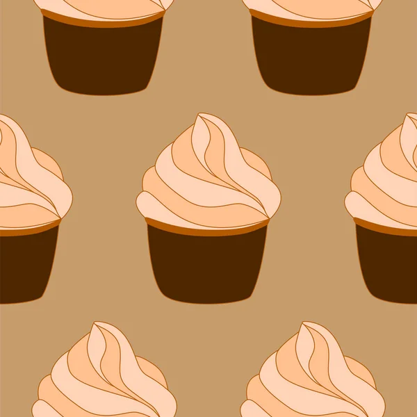 Seamless pattern with cupcakes. Vector hand drawn Illustration. Dessert isolated on light beige background. Can be used as packaging, wrapping paper, wallpaper. — Stock Vector