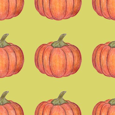 Turuncu balkabakları kusursuz desen. Cadılar Bayramı ya da Şükran Günü dekorasyonu. El çizimi çizimi. Hasat mevsimi. Tekstil, paket ve baskı için. Taze sonbahar sebzeleri.