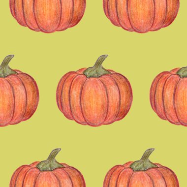 Turuncu balkabakları kusursuz desen. Cadılar Bayramı ya da Şükran Günü dekorasyonu. El çizimi çizimi. Hasat mevsimi. Tekstil, paket ve baskı için. Taze sonbahar sebzeleri.