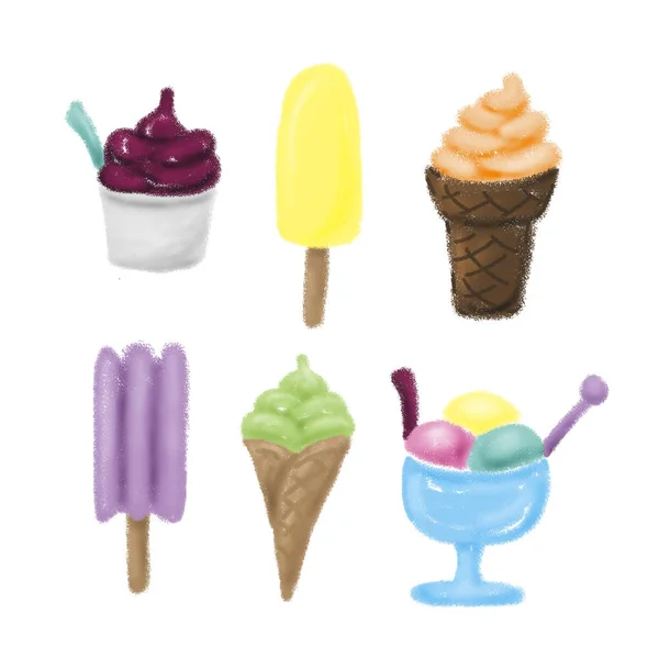 Набір морозива ізольовано на білому тлі. Літня їжа. Барвисті ілюстрації. солодкі заморожені десерти . — стокове фото