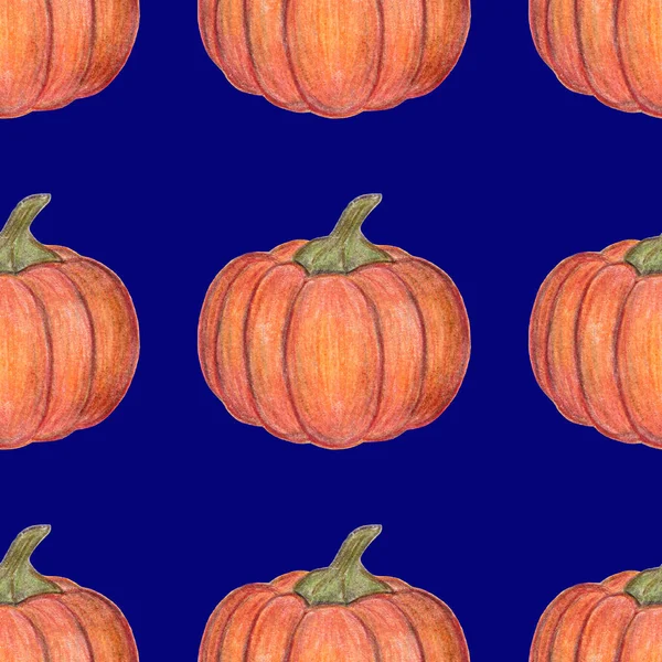Оранжевые тыквы бесшовные. Украшения на Хэллоуин или День благодарения. Ручной рисунок. Сезон сбора урожая. Для текстиля, упаковки, печати. Свежие осенние овощи . — стоковое фото