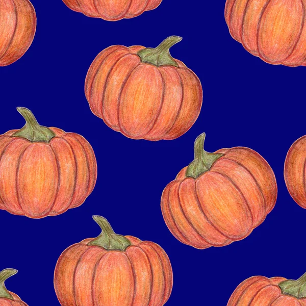 Zucche arancioni Modello senza cuciture. Decorazione di Halloween o del Giorno del Ringraziamento. Illustrazione disegnata a mano. Stagione del raccolto. Per tessile, confezione, stampa. Verdure autunnali fresche . — Foto Stock