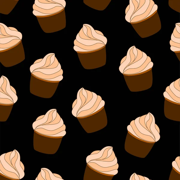 Seamless pattern with cupcakes. Vector hand drawn Illustration. Dessert isolated on black background. Can be used as packaging, wrapping paper, wallpaper. — Stock Vector