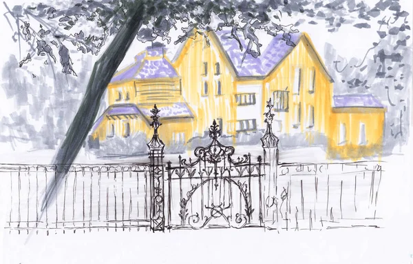 Exterior view of a house with metal wrought fence. Hand drawn illustration.