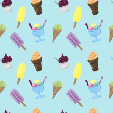 Renkli, pürüzsüz dondurma deseni. Açık mavi arkaplan. Yaz yemekleri çizimi. Tatlı Donmuş Tatlılar. Paket kağıdı, kumaş baskısı, duvar kağıdı için tasarım. Parlak şablon.