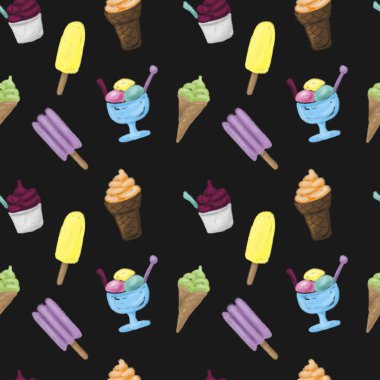 Renkli, pürüzsüz dondurma deseni. Siyah arka plan. Yaz yemekleri çizimi. Tatlı Donmuş Tatlılar. Paket kağıdı, kumaş baskısı, duvar kağıdı için tasarım. Parlak şablon.