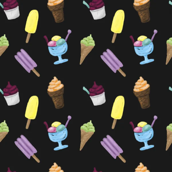 Colorato Modello Gelato Senza Soluzione Continuità Fondo Nero Illustrazione Alimentare — Foto Stock