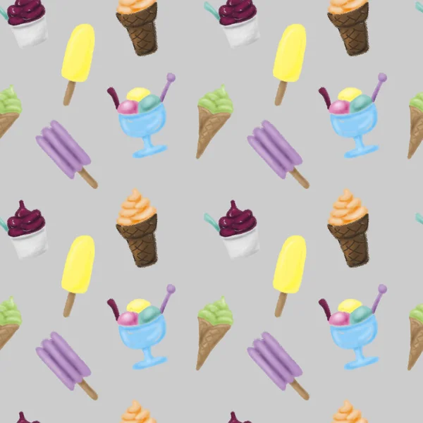 Colorful Ice Cream Seamless Pattern Light Gray Background Summer Food — Stock Photo, Image