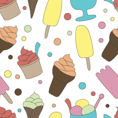 Renkli, pürüzsüz dondurma deseni. Beyaz arka plan ve benekli nokta. Yaz yiyecekleri illüstrasyonu. Tatlı Donmuş Tatlılar. Paket kağıdı, kumaş baskısı, duvar kağıdı için tasarım. Parlak şablon. Düz.