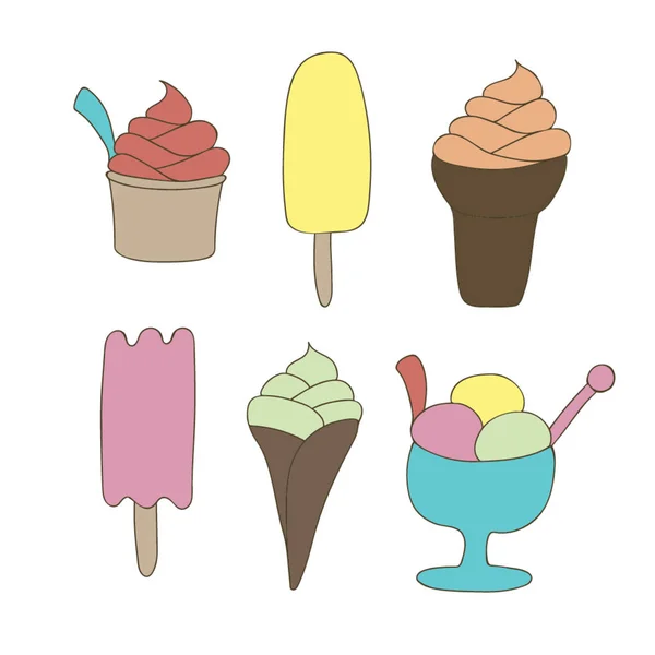 一套白色背景的冰淇淋 夏天的食物精彩的例证 甜甜的冷冻甜点 — 图库矢量图片