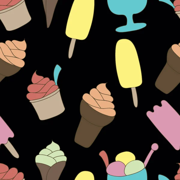 Colorato Modello Gelato Senza Soluzione Continuità Fondo Nero Illustrazione Vettoriale — Vettoriale Stock