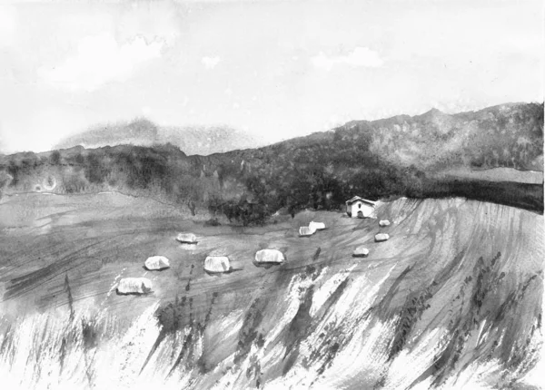 田里都是干草堆自然背景 黑色和白色的单色 梅朵水彩画 和平村 放松Landskape 乡村艺术品 手绘插图 — 图库照片