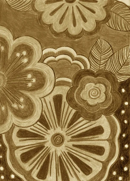 Tek Renkli Doodle Çiçekleri Çizimi Yaz Illüstrasyonu Kahverengi Sepya Renkleri — Stok fotoğraf