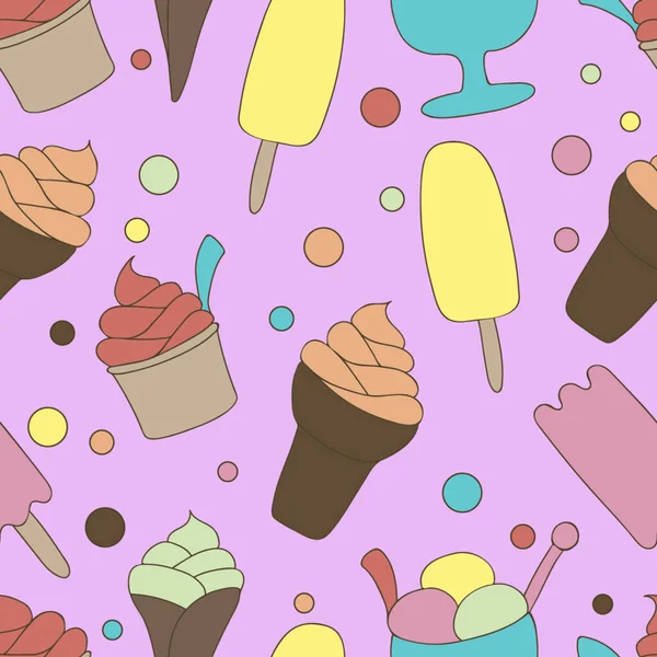 Colorato Modello Gelato Senza Soluzione Continuità Fondo Viola Pois Illustrazione — Vettoriale Stock