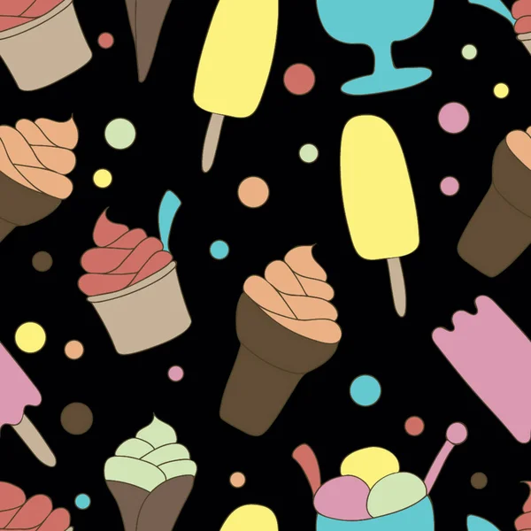 Colorato Modello Gelato Senza Soluzione Continuità Fondo Nero Pois Illustrazione — Vettoriale Stock