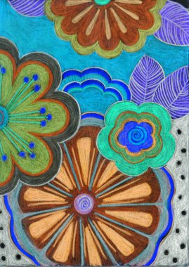 Parlak Doodle çiçekleri. El çizimi yaz illüstrasyonu. Renkli kalem tekniği. Dekoratif süs. Tebrik kartı için renkli şablon. Çiçekli güzel tasarım.