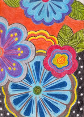 Parlak Doodle çiçekleri. El çizimi yaz illüstrasyonu. Renkli kalem tekniği. Dekoratif süs. Tebrik kartı için renkli şablon. Çiçekli güzel tasarım.