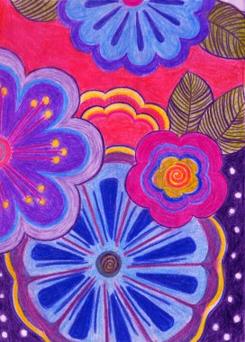 Parlak Doodle çiçekleri. El çizimi yaz illüstrasyonu. Renkli kalem tekniği. Dekoratif süs. Tebrik kartı için renkli şablon. Çiçekli güzel tasarım.