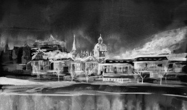 Stockholm, İsveç 'teki Eski Kent' in (Gamla Stan) manzara manzarası. Elle çizilmiş illüstrasyon. Suluboya sanat. Gri, siyah ve beyaz renkler. Tek renkli eski kart.