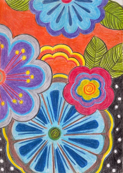 Bright Doodle flowers. Hand drawn summer illustration. Colored pencils technique. Decorative Ornament. Colorful Template for Greeting Card. Floral beautiful design.