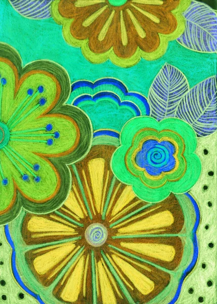 Flores Brillantes Doodle Ilustración Verano Dibujada Mano Técnica Lápices Colores — Foto de Stock