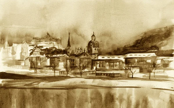 Stockholm, İsveç 'teki Eski Kent' in (Gamla Stan) manzara manzarası. Elle çizilmiş illüstrasyon. Suluboya sanat. Eski sepia renkleri. Tek renkli eski kart.