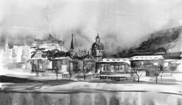 Szenisches Panorama Der Altstadt Gamla Stan Stockholm Schweden Handgezeichnete Illustration — Stockfoto