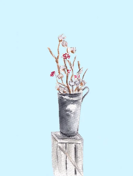把花放在高高的花瓶里 棉花芽和红色浆果的分枝 鹰嘴豆在浅蓝色的背景上被隔离 手绘草图 水彩画 — 图库照片