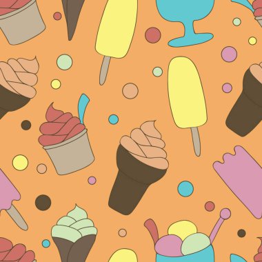 Renkli, pürüzsüz dondurma deseni. Turuncu arka plan ve benekli nokta. Yaz yiyecekleri illüstrasyonu. Tatlı Donmuş Tatlılar. Paket kağıdı, kumaş baskısı, duvar kağıdı için tasarım. Parlak şablon. Düz.