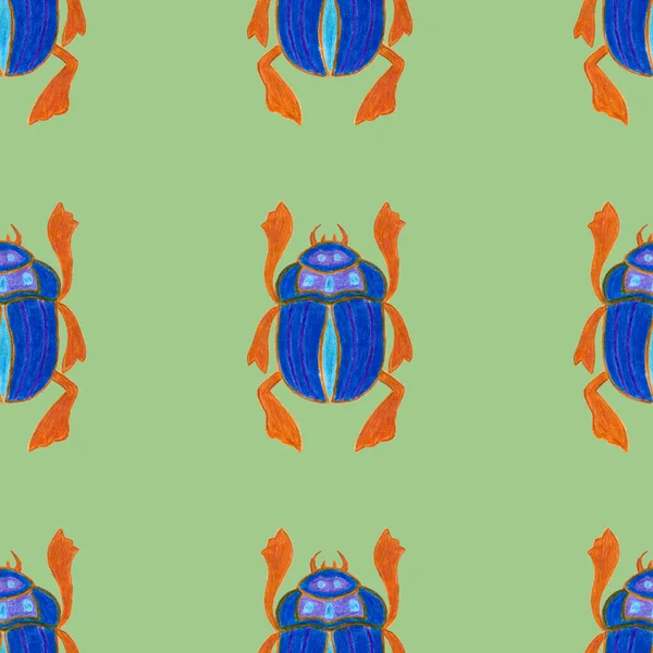 Blue scarab isolated on green background. Seamless pattern with Bug insect, Beetles. Design for wrapping paper, cover, greeting card, wallpaper, fabric — Stock Photo, Image