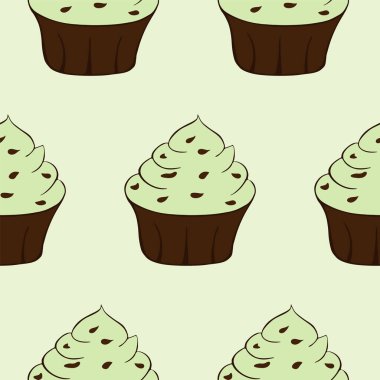 Çikolata parçacıklı kekler izole edilmiş. Yeşil arka plan. Kremalı tatlı. Fıstıklı mı naneli mi? Kusursuz desen. Vektör illüstrasyonu