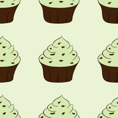 Çikolata parçacıklı kekler izole edilmiş. Yeşil arka plan. Kremalı tatlı. Fıstıklı mı naneli mi? Kusursuz desen. Vektör illüstrasyonu